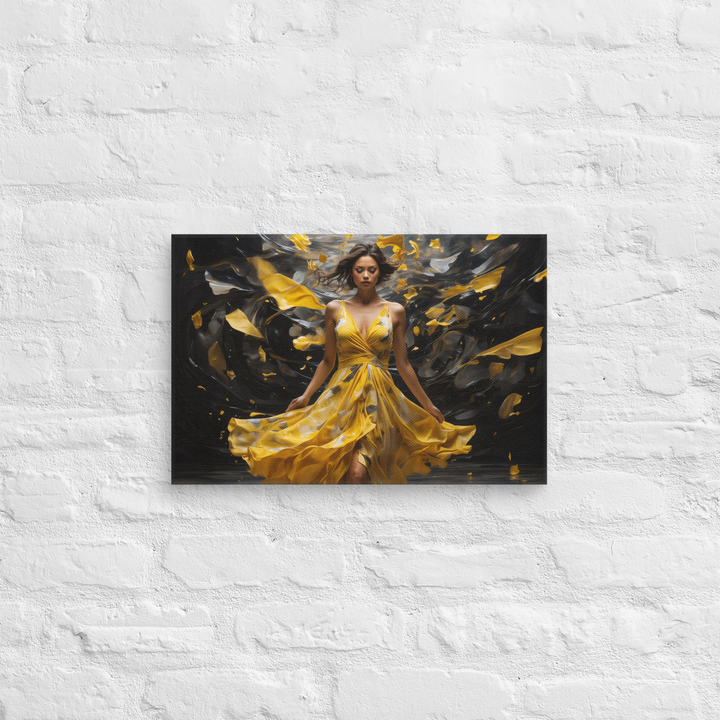 Realistic Oil Painting of Woman in Yellow Dress – Elegant Dance with Dark Artistic Background