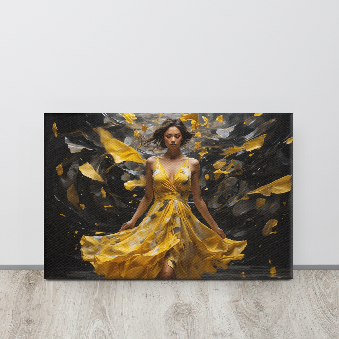 Realistic Oil Painting of Woman in Yellow Dress – Elegant Dance with Dark Artistic Background