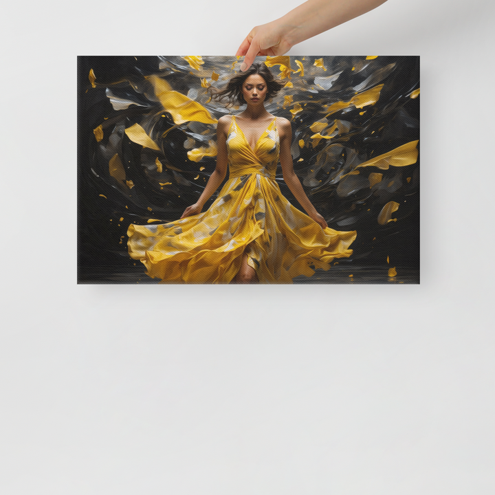 Realistic Oil Painting of Woman in Yellow Dress – Elegant Dance with Dark Artistic Background