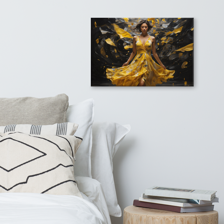 Realistic Oil Painting of Woman in Yellow Dress – Elegant Dance with Dark Artistic Background