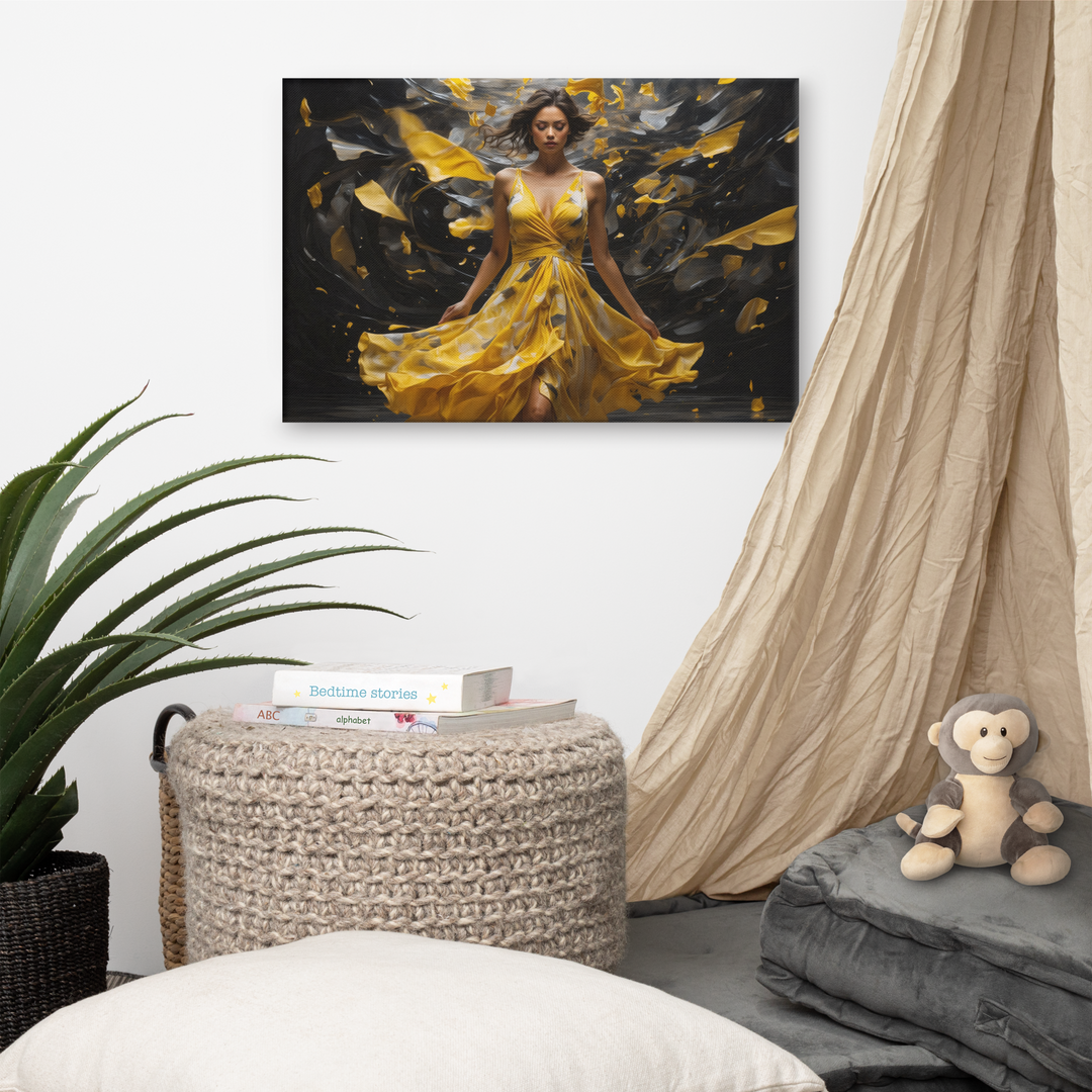 Realistic Oil Painting of Woman in Yellow Dress – Elegant Dance with Dark Artistic Background