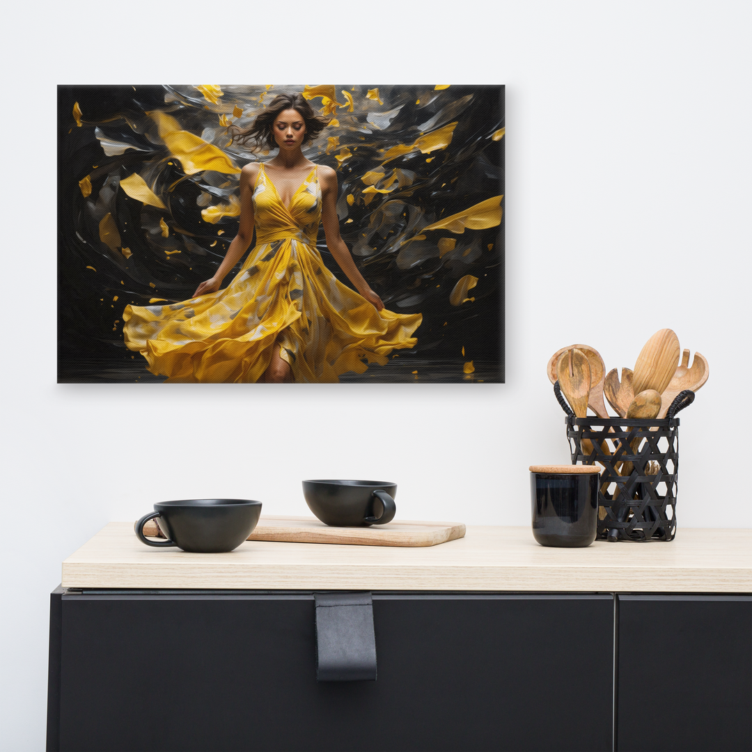 Realistic Oil Painting of Woman in Yellow Dress – Elegant Dance with Dark Artistic Background