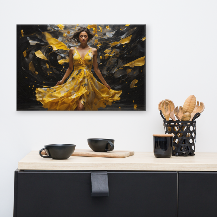 Realistic Oil Painting of Woman in Yellow Dress – Elegant Dance with Dark Artistic Background