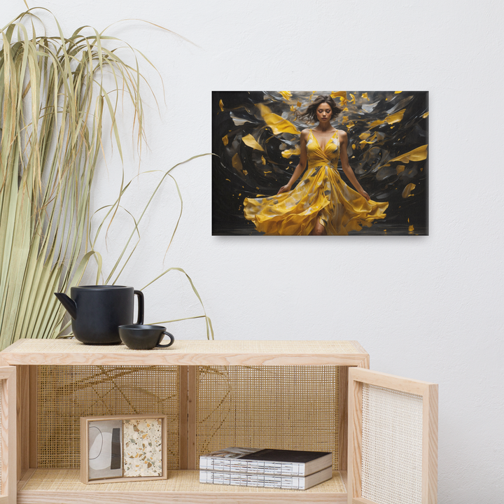 Realistic Oil Painting of Woman in Yellow Dress – Elegant Dance with Dark Artistic Background