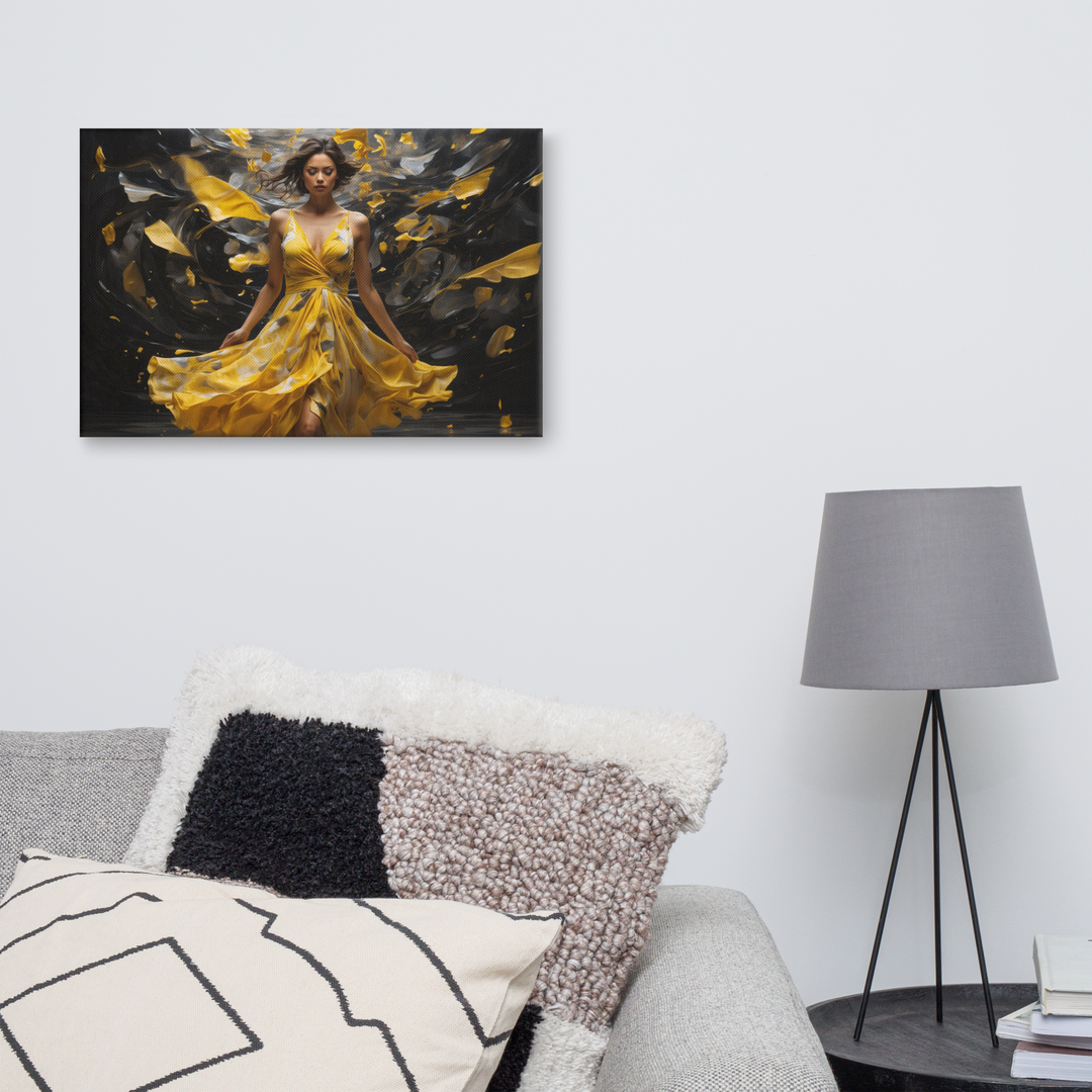 Realistic Oil Painting of Woman in Yellow Dress – Elegant Dance with Dark Artistic Background