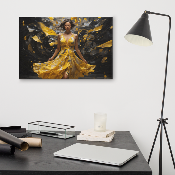 Realistic Oil Painting of Woman in Yellow Dress – Elegant Dance with Dark Artistic Background