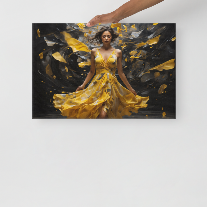 Realistic Oil Painting of Woman in Yellow Dress – Elegant Dance with Dark Artistic Background