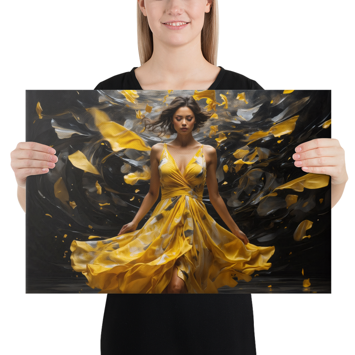Realistic Oil Painting of Woman in Yellow Dress – Elegant Dance with Dark Artistic Background