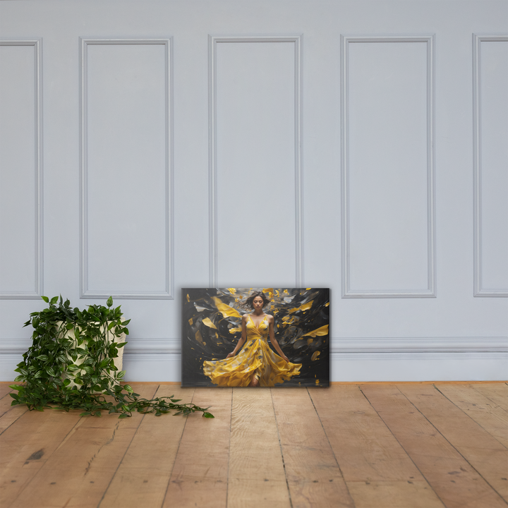 Realistic Oil Painting of Woman in Yellow Dress – Elegant Dance with Dark Artistic Background