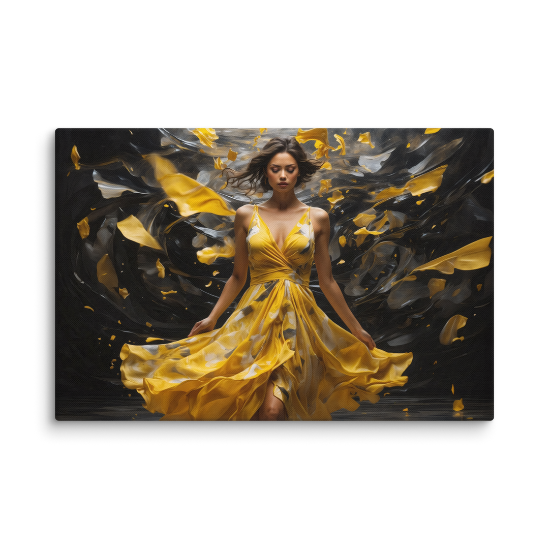 Realistic Oil Painting of Woman in Yellow Dress – Elegant Dance with Dark Artistic Background