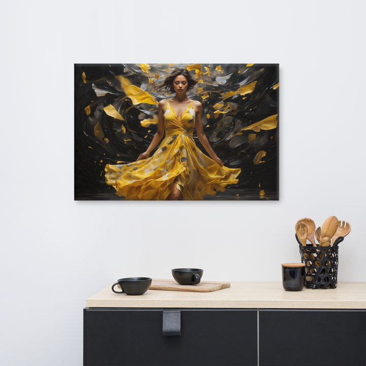 Realistic Oil Painting of Woman in Yellow Dress – Elegant Dance with Dark Artistic Background