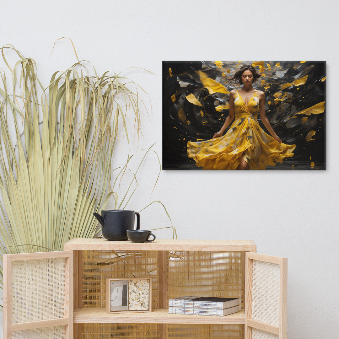 Realistic Oil Painting of Woman in Yellow Dress – Elegant Dance with Dark Artistic Background