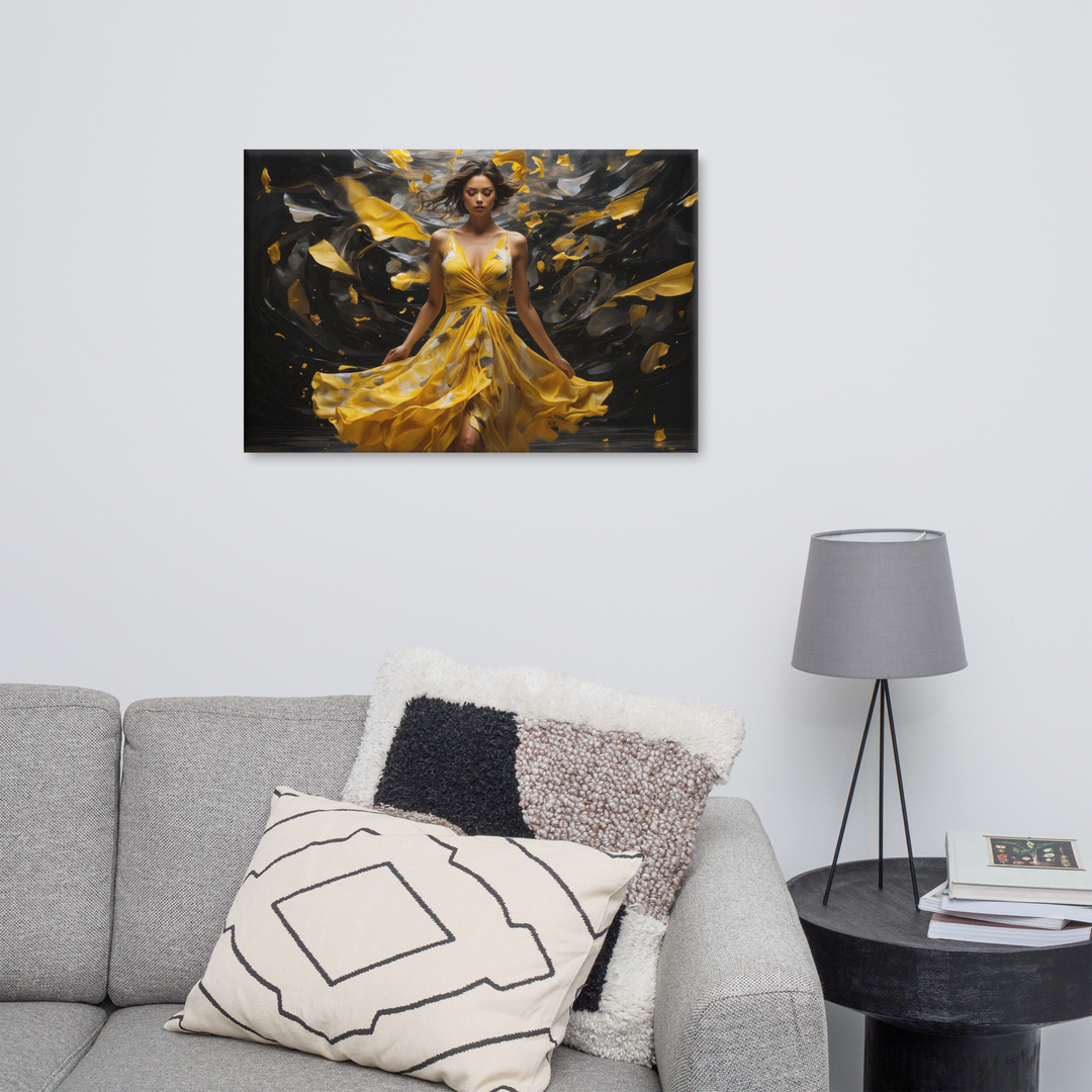 Realistic Oil Painting of Woman in Yellow Dress – Elegant Dance with Dark Artistic Background