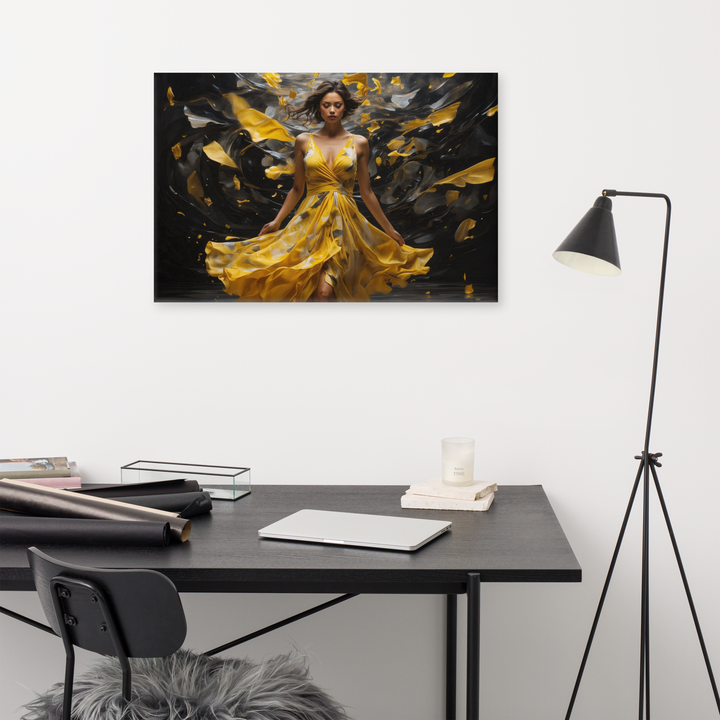 Realistic Oil Painting of Woman in Yellow Dress – Elegant Dance with Dark Artistic Background