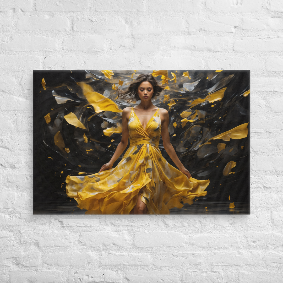 Realistic Oil Painting of Woman in Yellow Dress – Elegant Dance with Dark Artistic Background