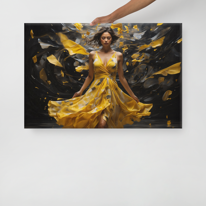 Realistic Oil Painting of Woman in Yellow Dress – Elegant Dance with Dark Artistic Background