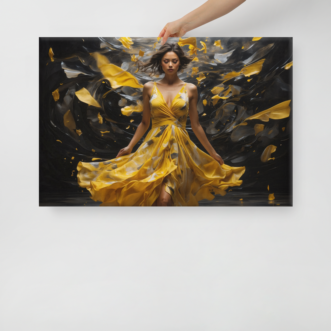 Realistic Oil Painting of Woman in Yellow Dress – Elegant Dance with Dark Artistic Background