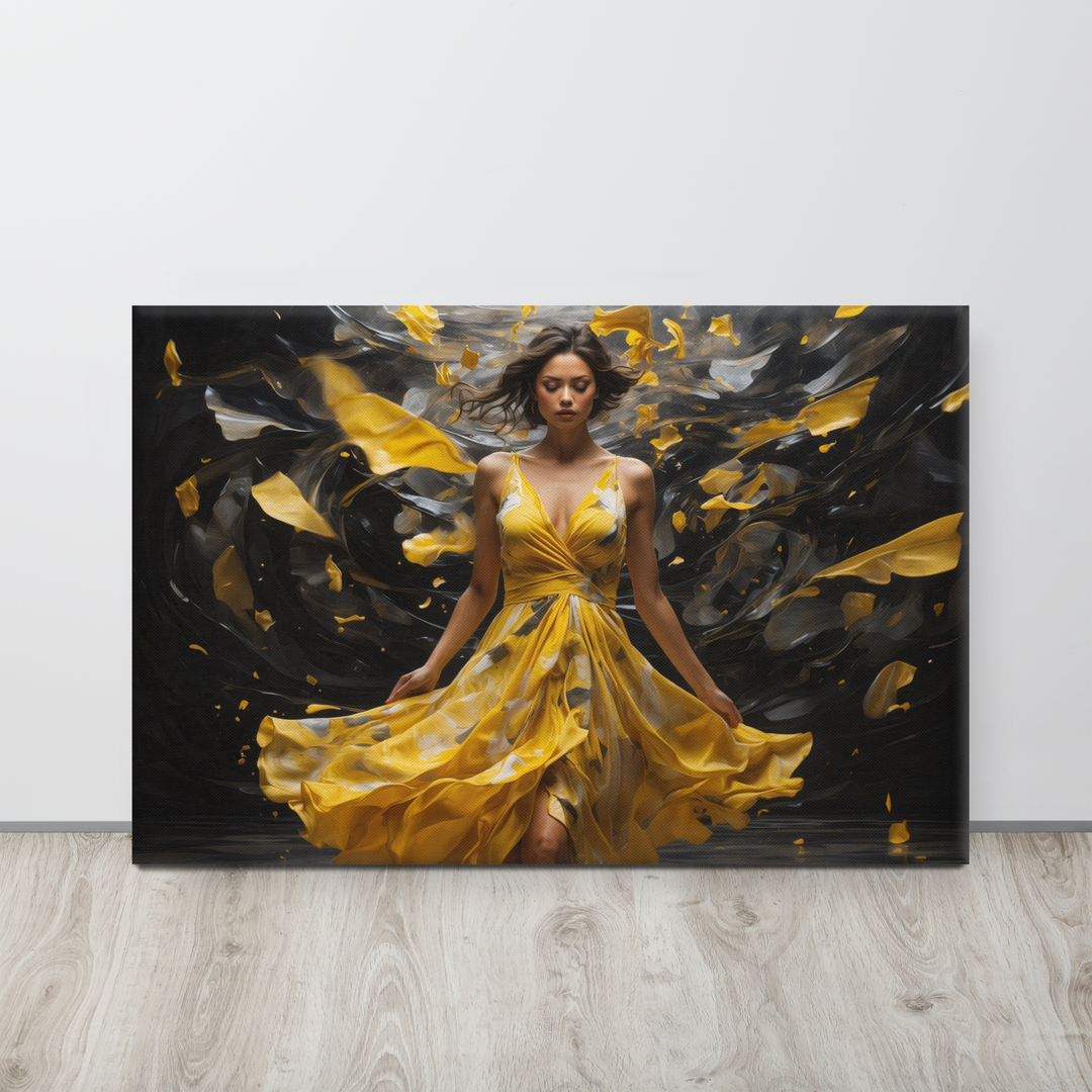 Realistic Oil Painting of Woman in Yellow Dress – Elegant Dance with Dark Artistic Background