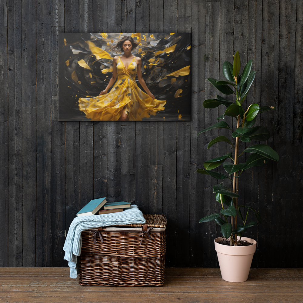 Realistic Oil Painting of Woman in Yellow Dress – Elegant Dance with Dark Artistic Background