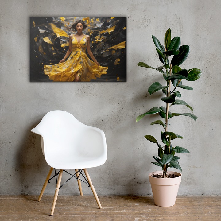 Realistic Oil Painting of Woman in Yellow Dress – Elegant Dance with Dark Artistic Background