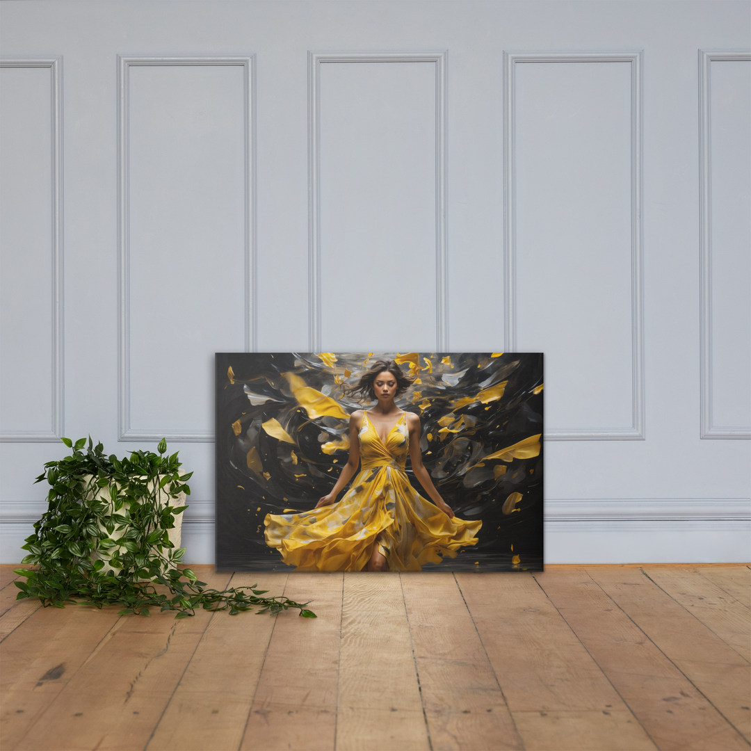 Realistic Oil Painting of Woman in Yellow Dress – Elegant Dance with Dark Artistic Background