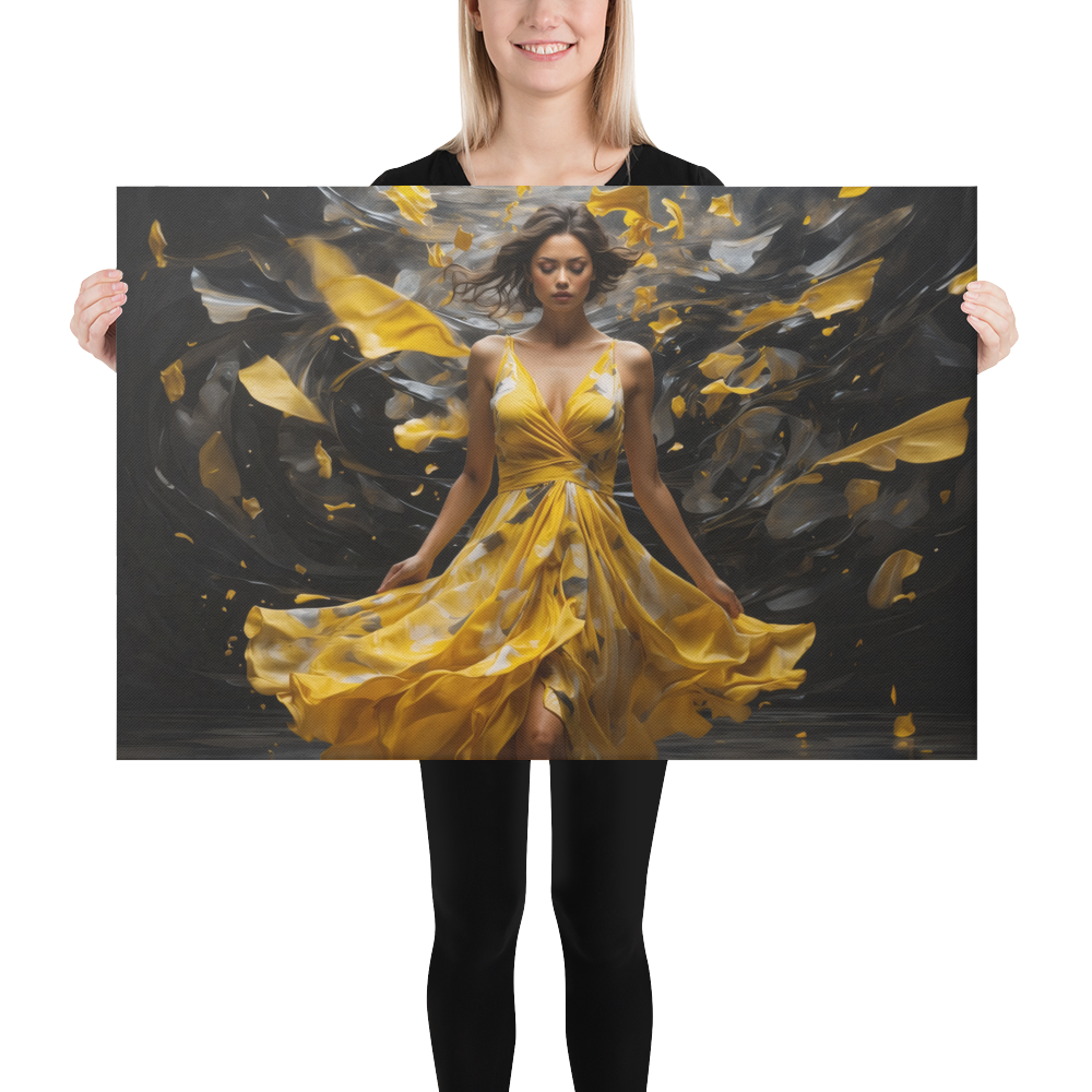 Realistic Oil Painting of Woman in Yellow Dress – Elegant Dance with Dark Artistic Background