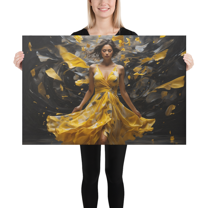 Realistic Oil Painting of Woman in Yellow Dress – Elegant Dance with Dark Artistic Background