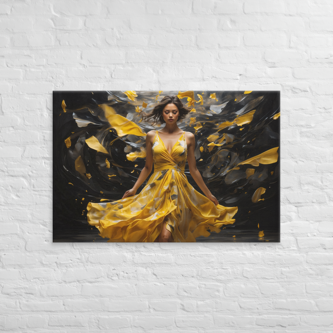 Realistic Oil Painting of Woman in Yellow Dress – Elegant Dance with Dark Artistic Background