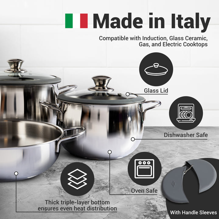 Bella 7-Piece Italian Stainless Steel Cookware set- Glass Lids