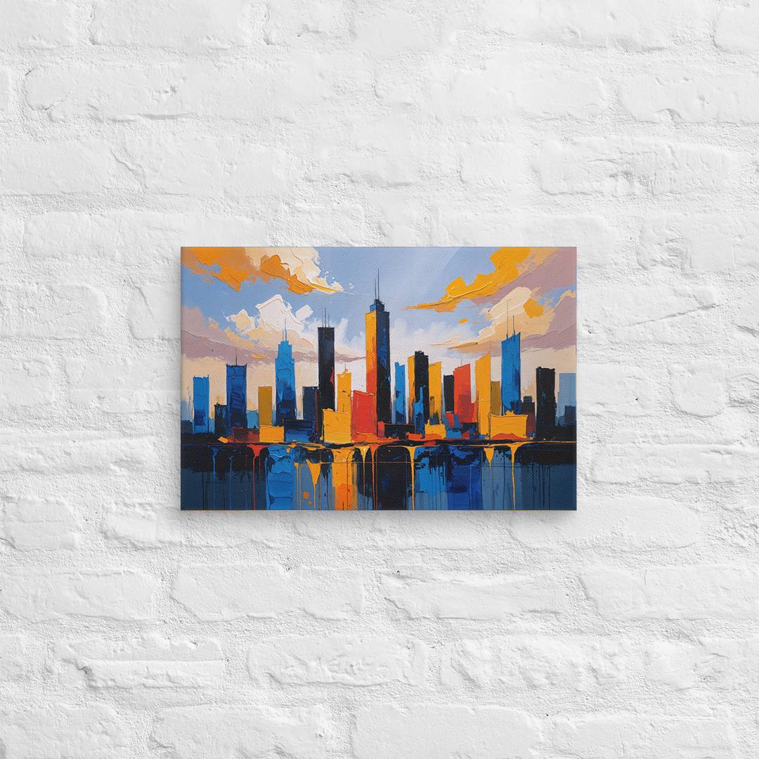 Vibrant Abstract Cityscape Wall Art – Textured Modern Painting in Blue, Orange & Red