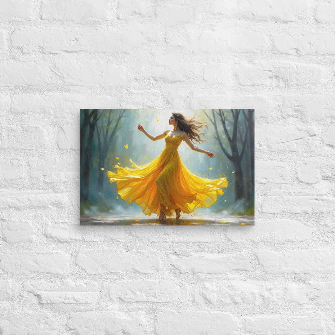 Surreal Oil Painting of Dancing Woman in Yellow Dress – Abstract Glass-Inspired Art in Blue and Gray