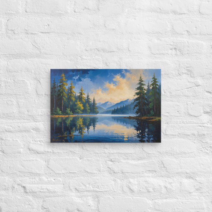 Misty Mountain Lake – Oil Painting Landscape Wall Art in Blue, Green, and Gold