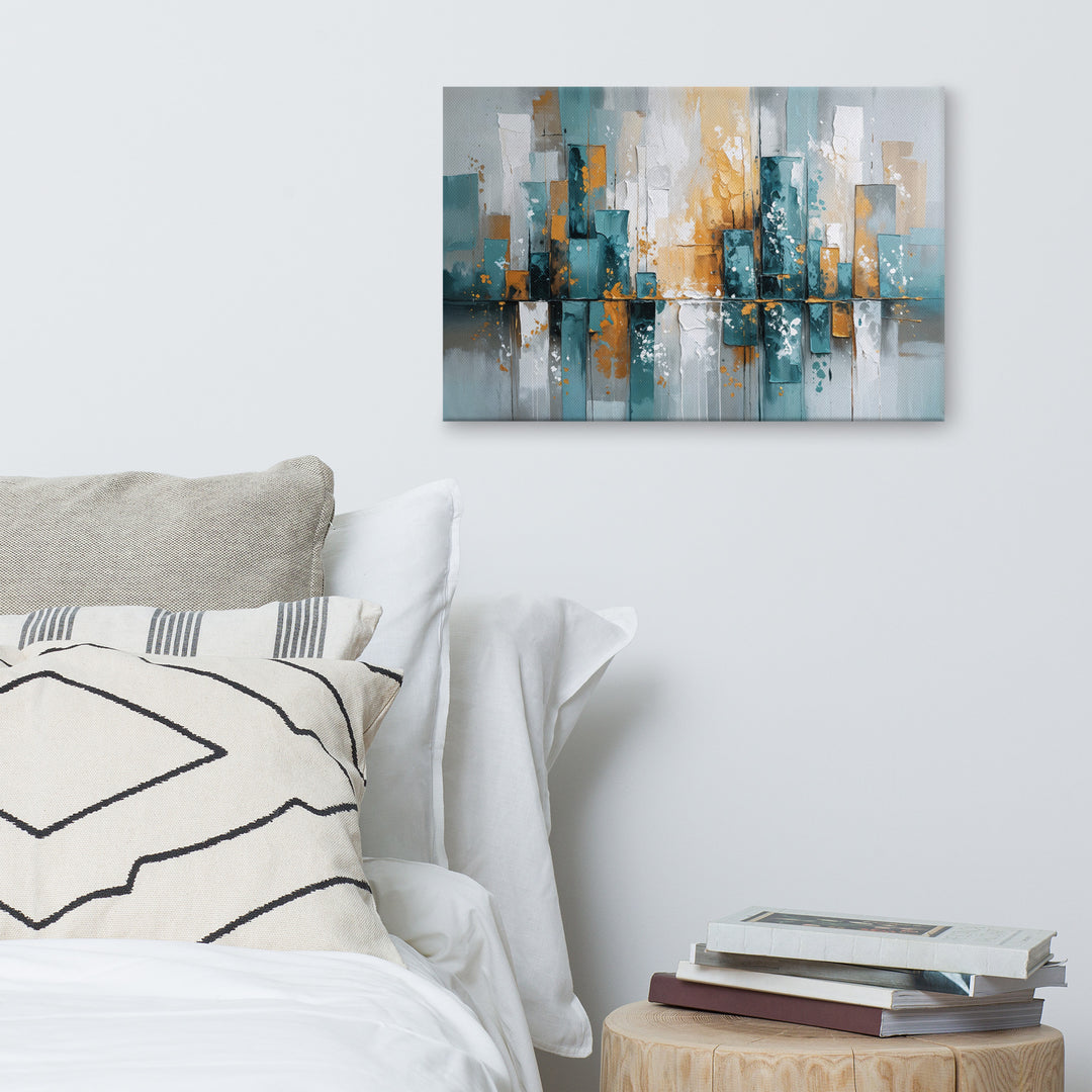 Modern Abstract Cityscape Wall Art – Textured Oil Painting with Teal, Gray & Gold Tones