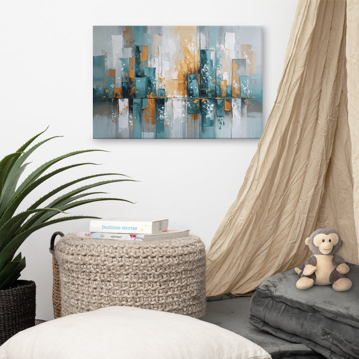 Modern Abstract Cityscape Wall Art – Textured Oil Painting with Teal, Gray & Gold Tones