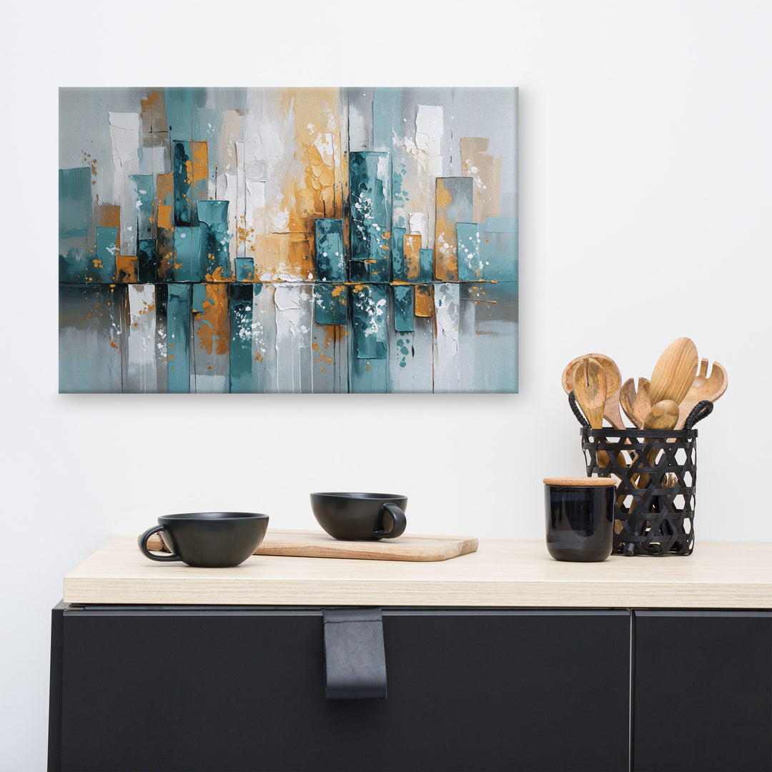 Modern Abstract Cityscape Wall Art – Textured Oil Painting with Teal, Gray & Gold Tones