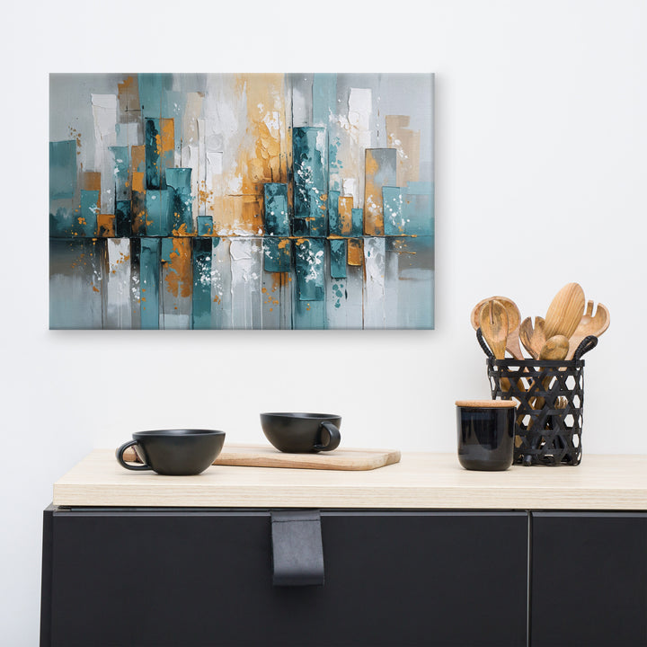 Modern Abstract Cityscape Wall Art – Textured Oil Painting with Teal, Gray & Gold Tones