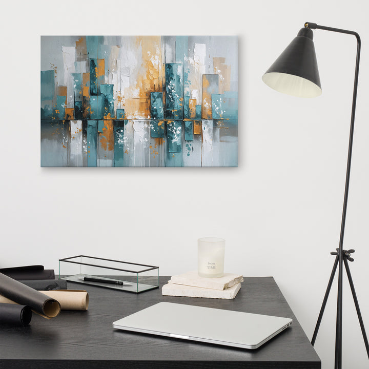 Modern Abstract Cityscape Wall Art – Textured Oil Painting with Teal, Gray & Gold Tones