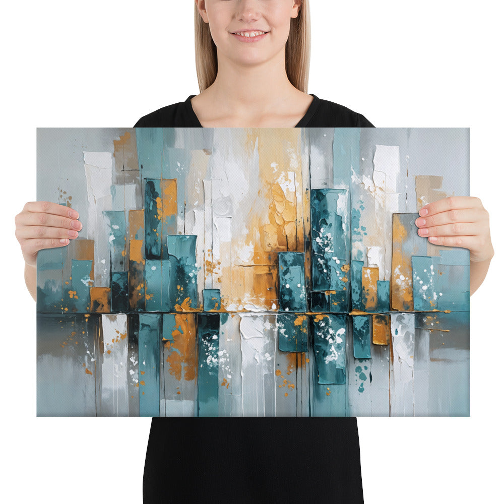 Modern Abstract Cityscape Wall Art – Textured Oil Painting with Teal, Gray & Gold Tones