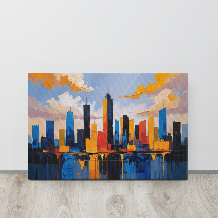 Vibrant Abstract Cityscape Wall Art – Textured Modern Painting in Blue, Orange & Red