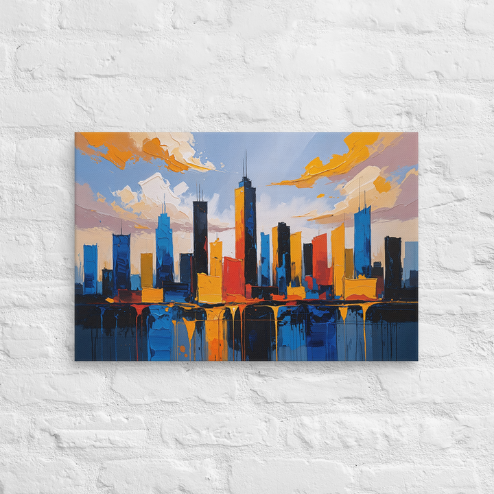 Vibrant Abstract Cityscape Wall Art – Textured Modern Painting in Blue, Orange & Red
