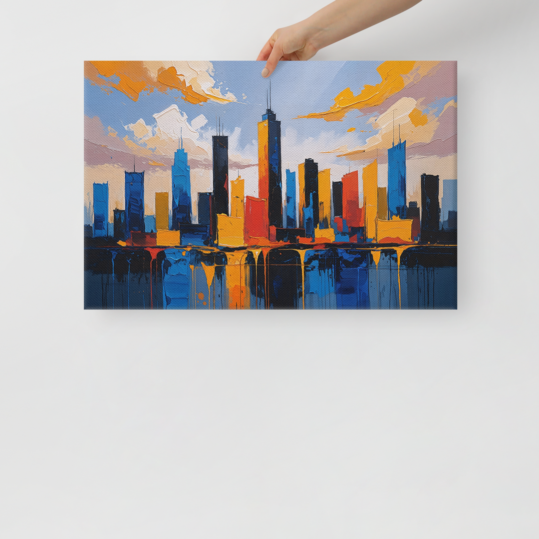Vibrant Abstract Cityscape Wall Art – Textured Modern Painting in Blue, Orange & Red