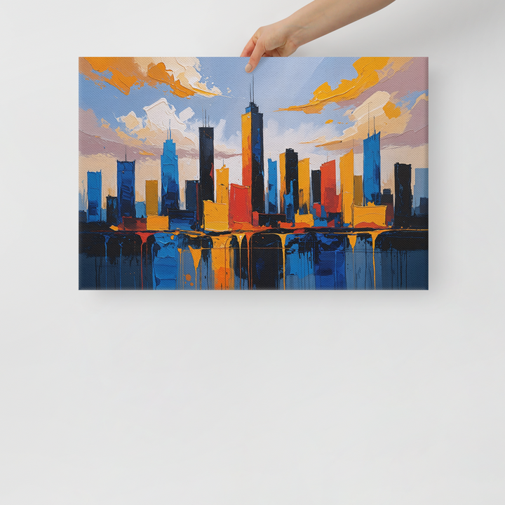 Vibrant Abstract Cityscape Wall Art – Textured Modern Painting in Blue, Orange & Red