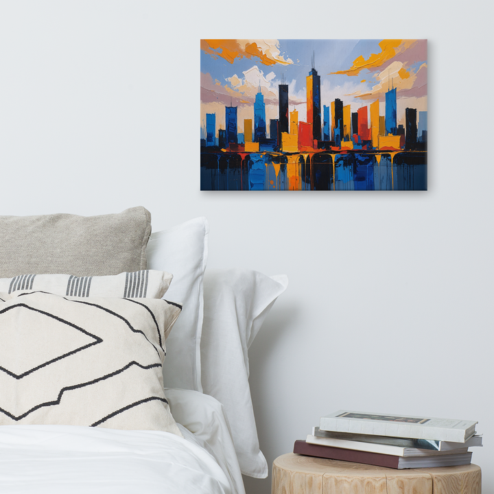 Vibrant Abstract Cityscape Wall Art – Textured Modern Painting in Blue, Orange & Red