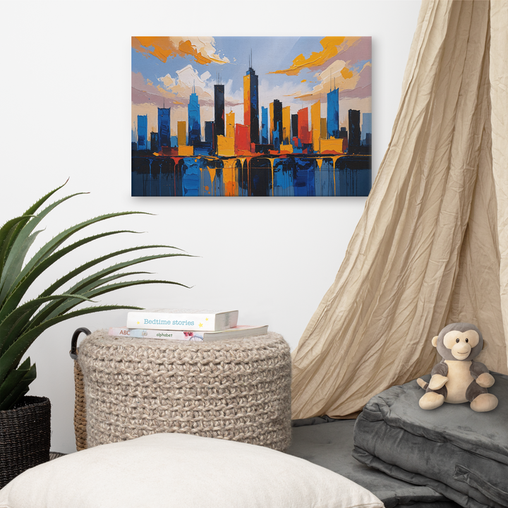 Vibrant Abstract Cityscape Wall Art – Textured Modern Painting in Blue, Orange & Red