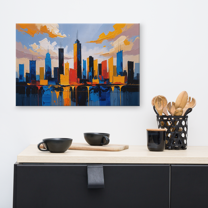 Vibrant Abstract Cityscape Wall Art – Textured Modern Painting in Blue, Orange & Red