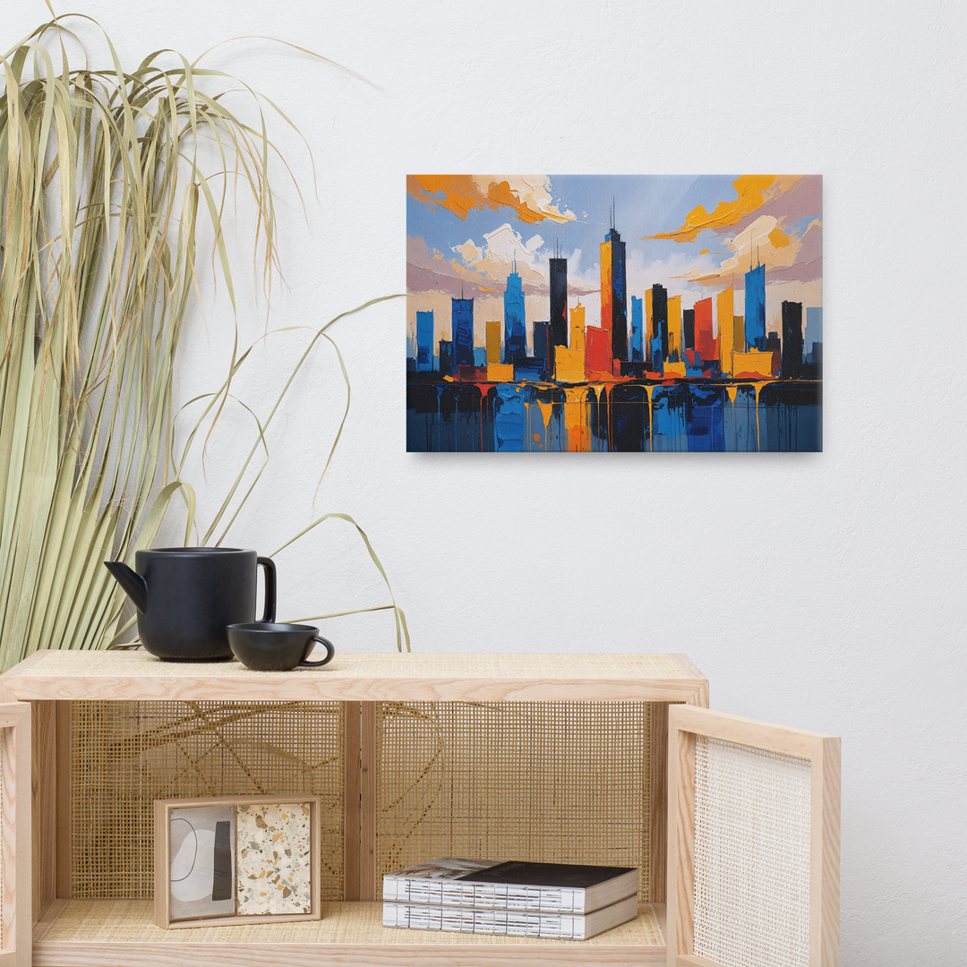Vibrant Abstract Cityscape Wall Art – Textured Modern Painting in Blue, Orange & Red
