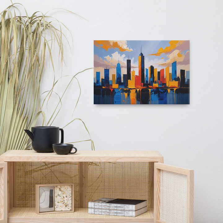 Vibrant Abstract Cityscape Wall Art – Textured Modern Painting in Blue, Orange & Red