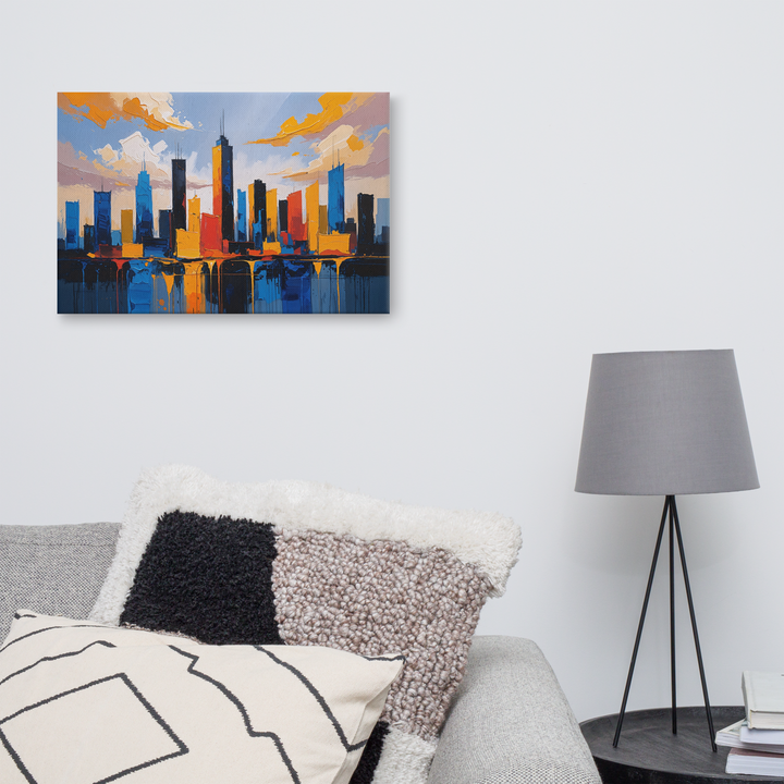 Vibrant Abstract Cityscape Wall Art – Textured Modern Painting in Blue, Orange & Red