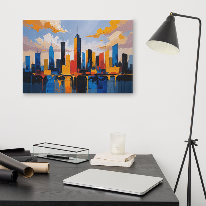 Vibrant Abstract Cityscape Wall Art – Textured Modern Painting in Blue, Orange & Red