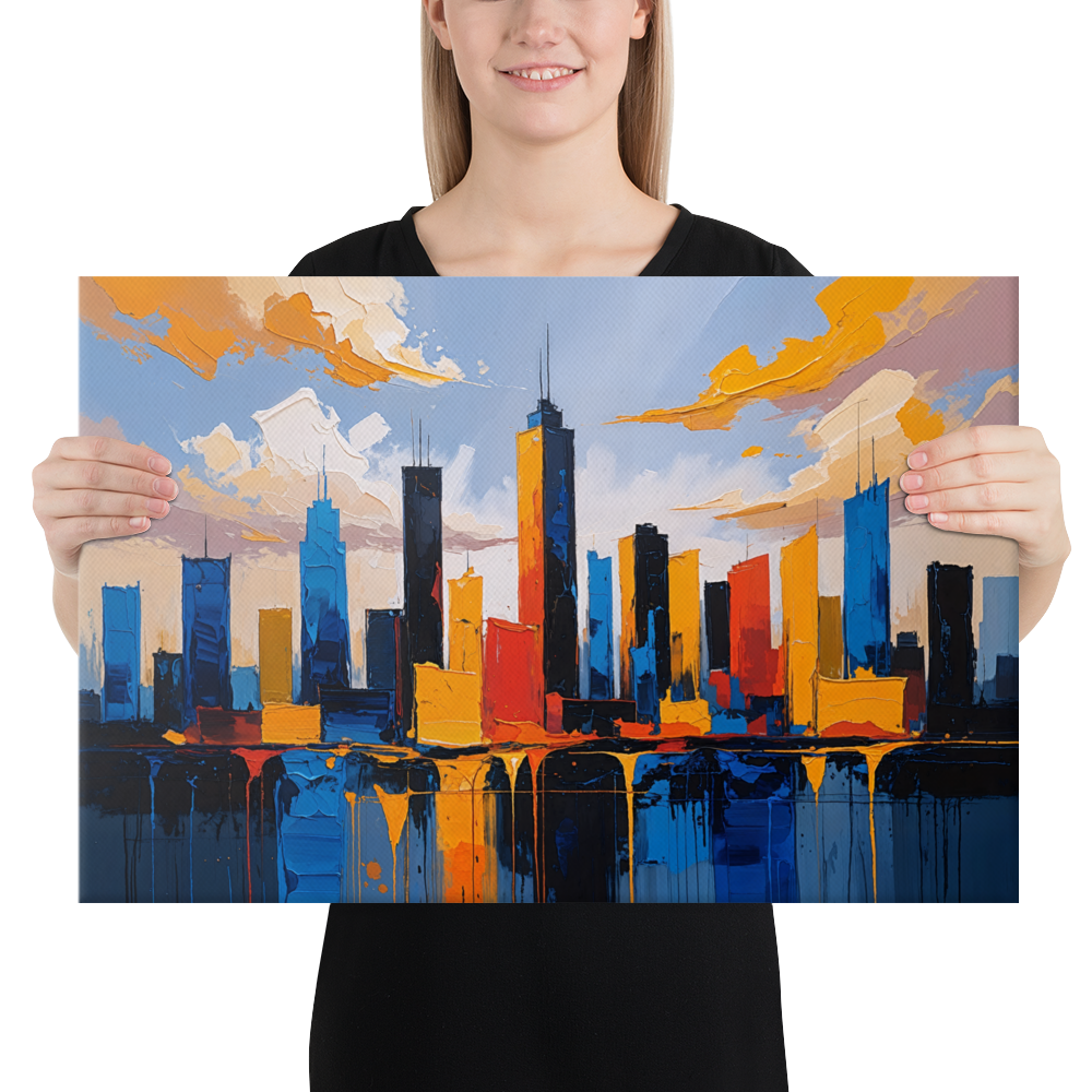 Vibrant Abstract Cityscape Wall Art – Textured Modern Painting in Blue, Orange & Red